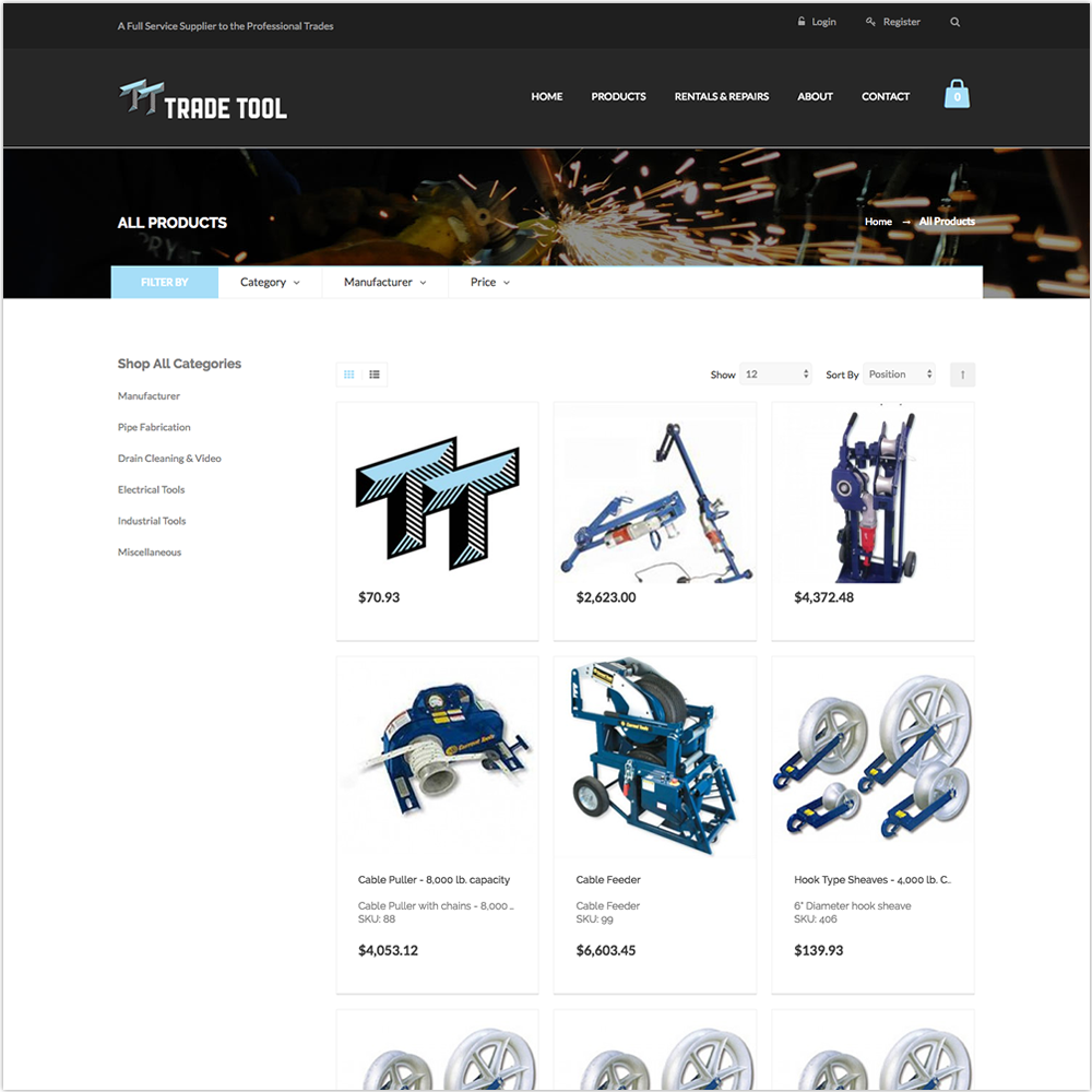 Trade Tool Website Products Page
