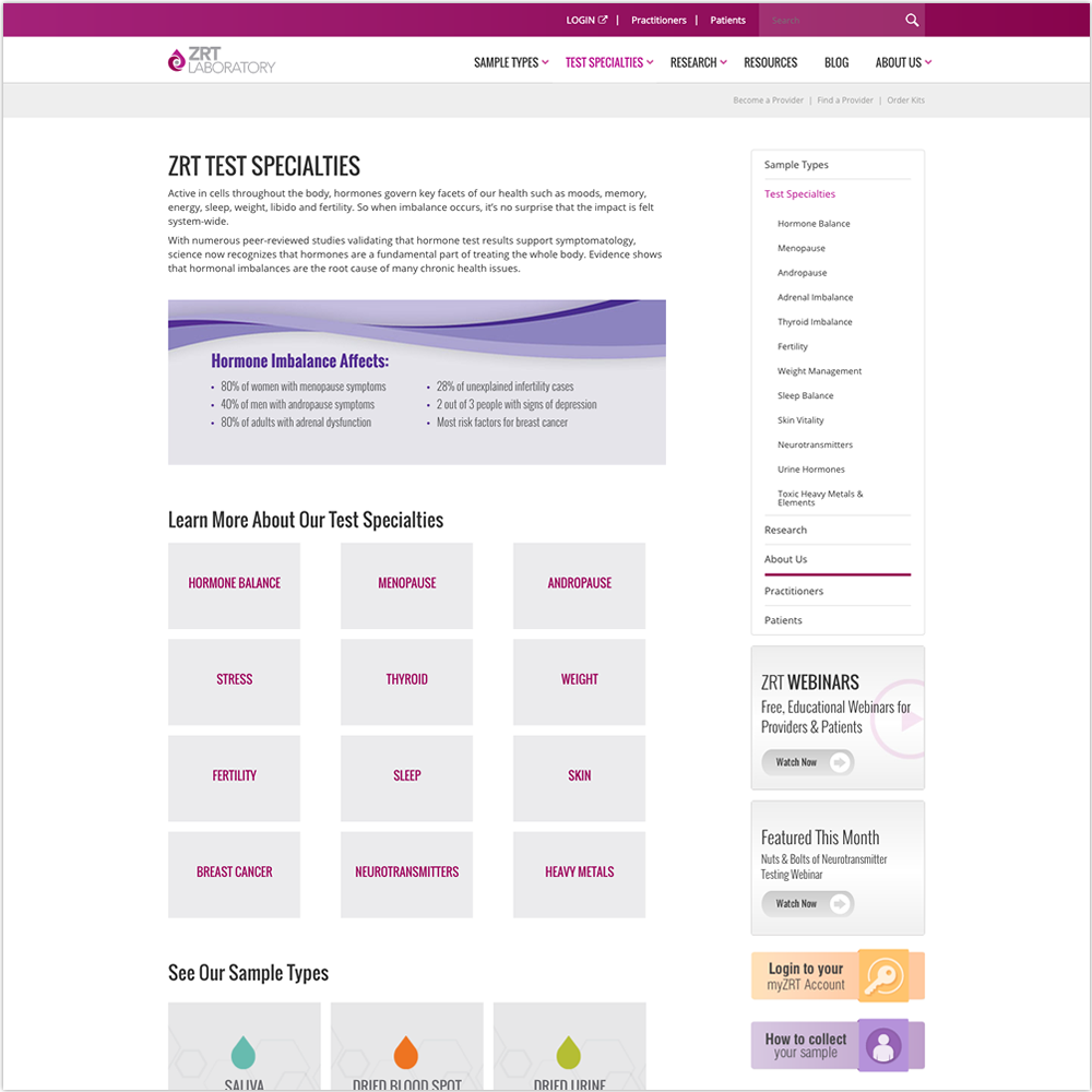 ZRT Website Test Specialties Page