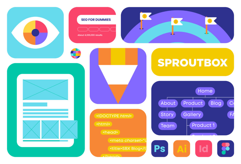 Colorful graphic with illustrations related to planning a new company website.