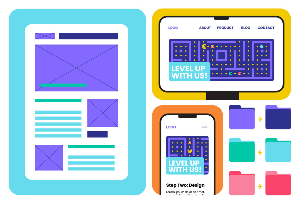 Colorful graphic illustrating different layouts for website design.