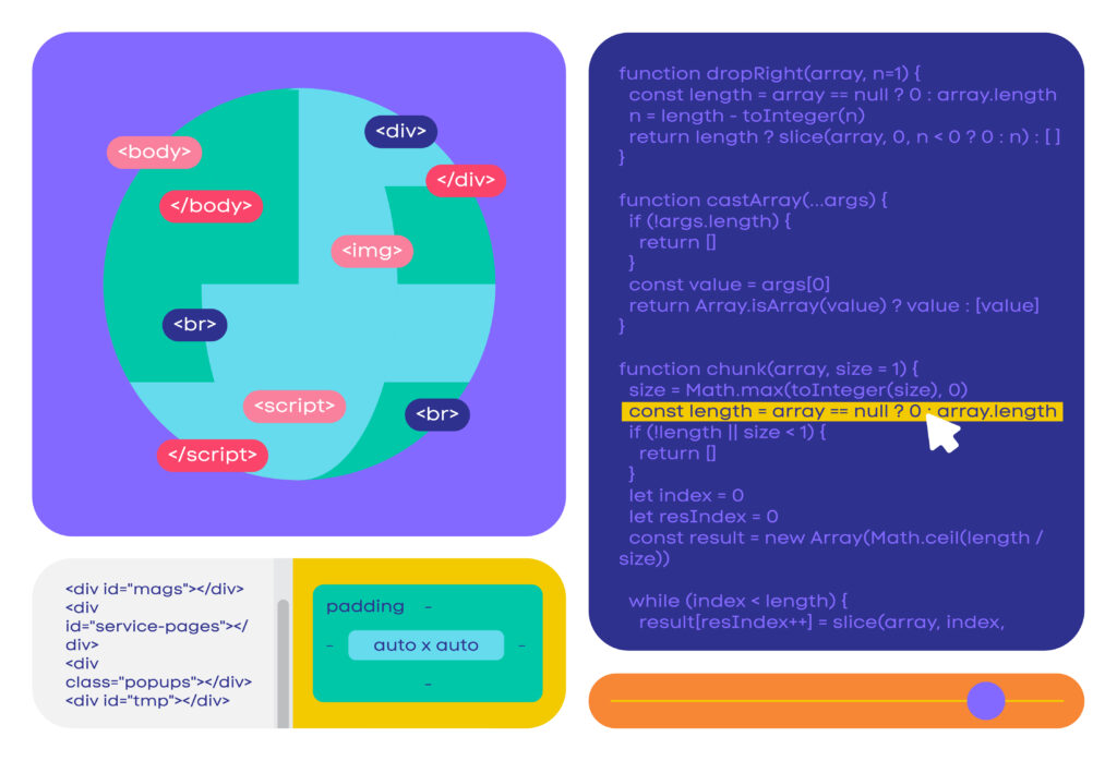 Colorful graphic with illustrations of coding.