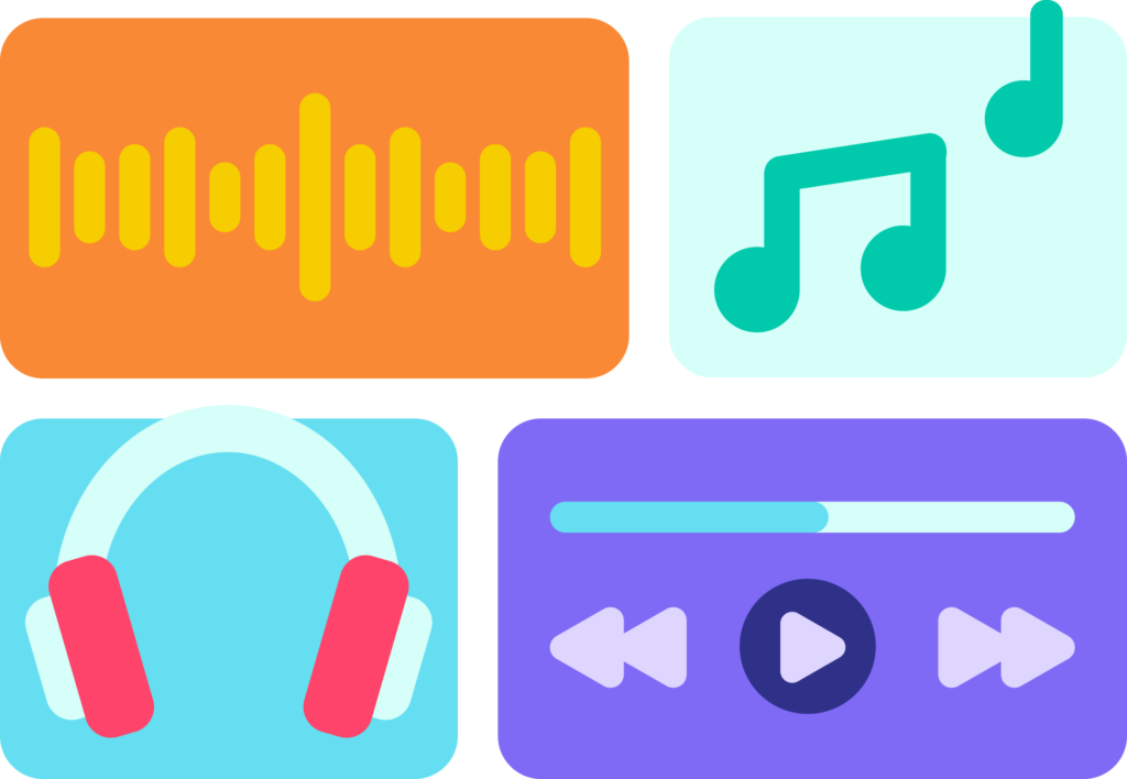 graphic with music related icons like headphones, music notes, and a digital audio player interface