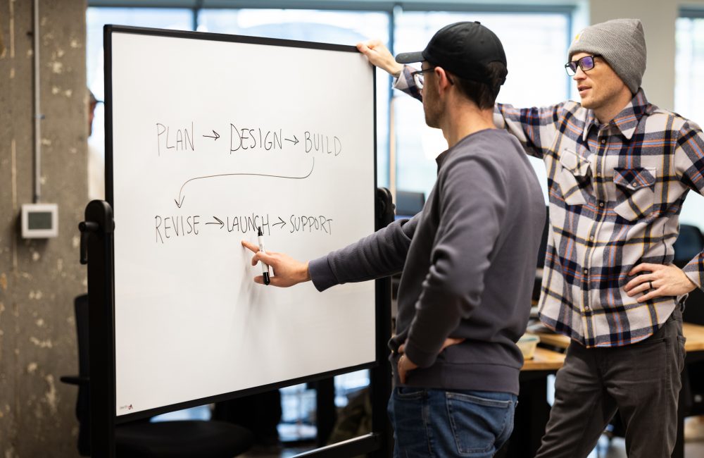 Two people standing at whiteboard discussing plan for company website.