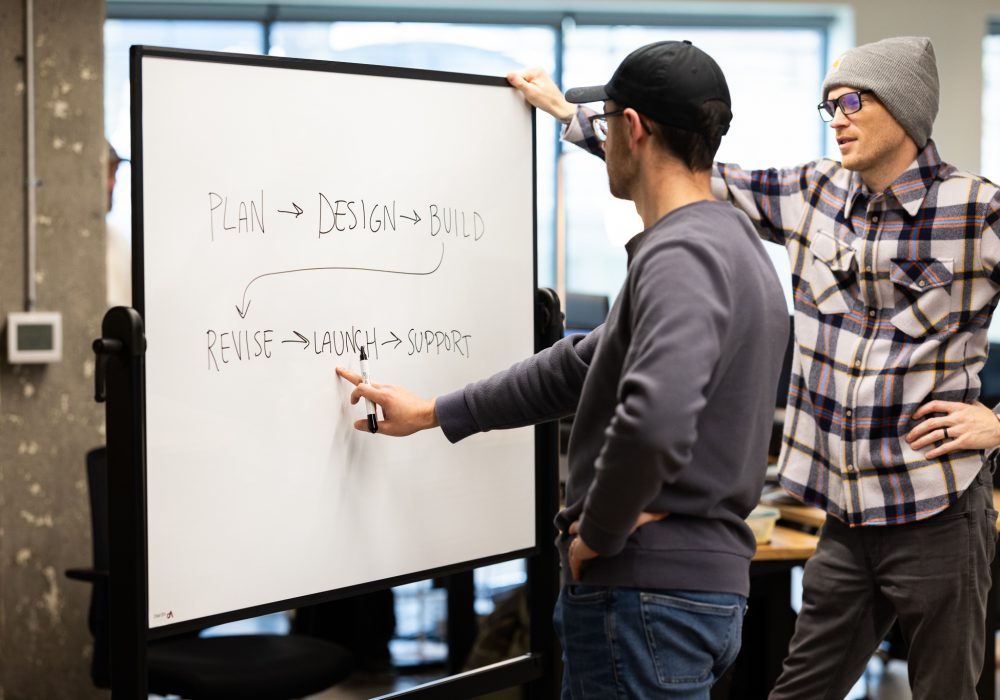 Two people standing at whiteboard discussing plan for company website.